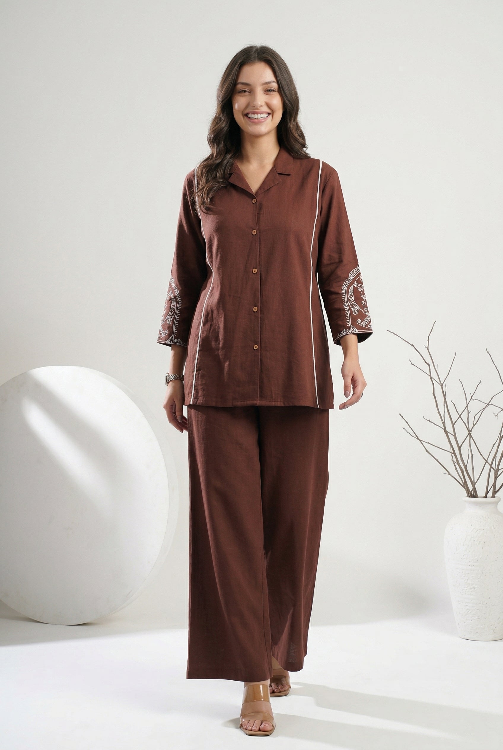 Brown Shirt Collar Dyed Pure Cotton Co-Ord Set For Women