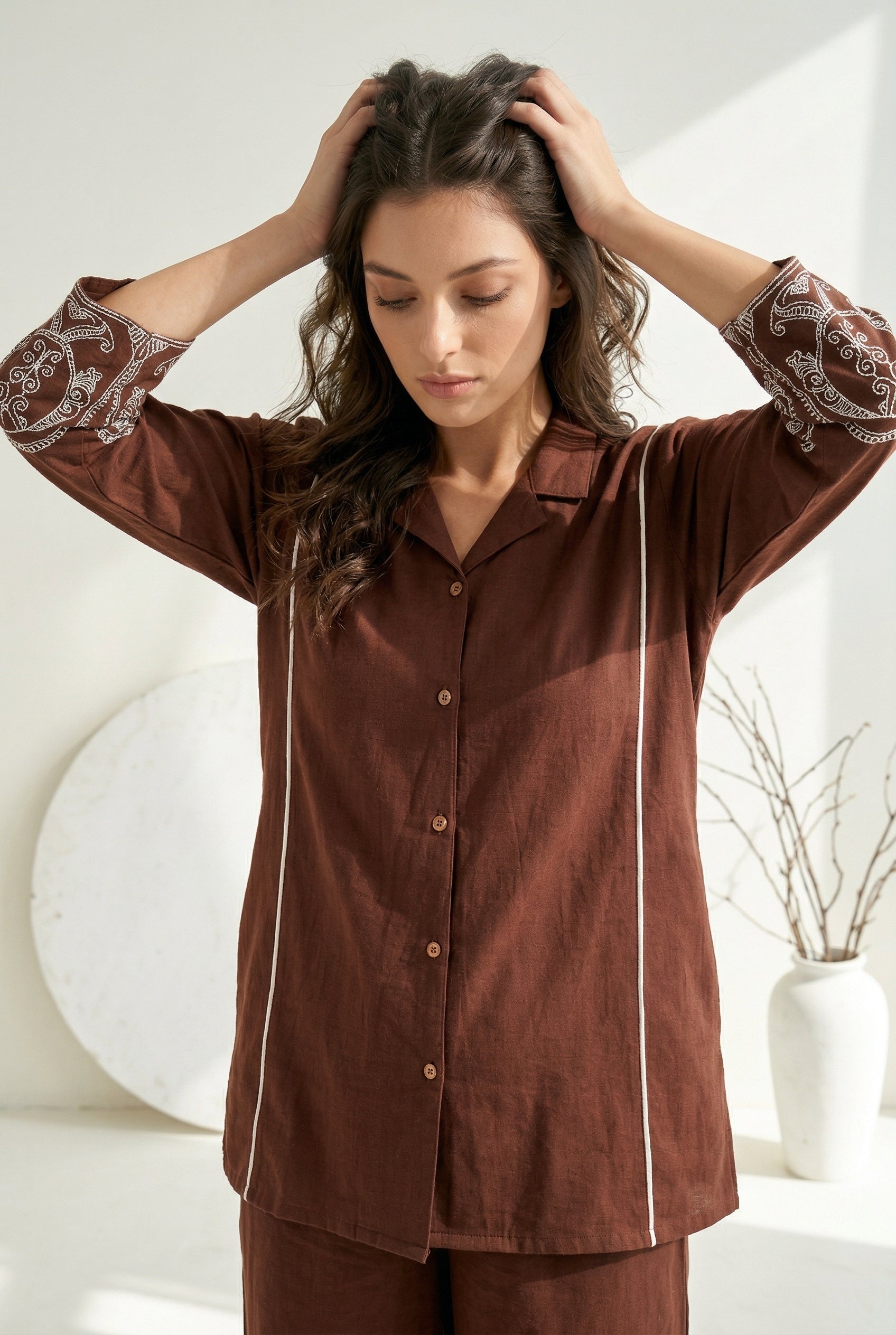 Brown Shirt Collar Dyed Pure Cotton Co-Ord Set For Women