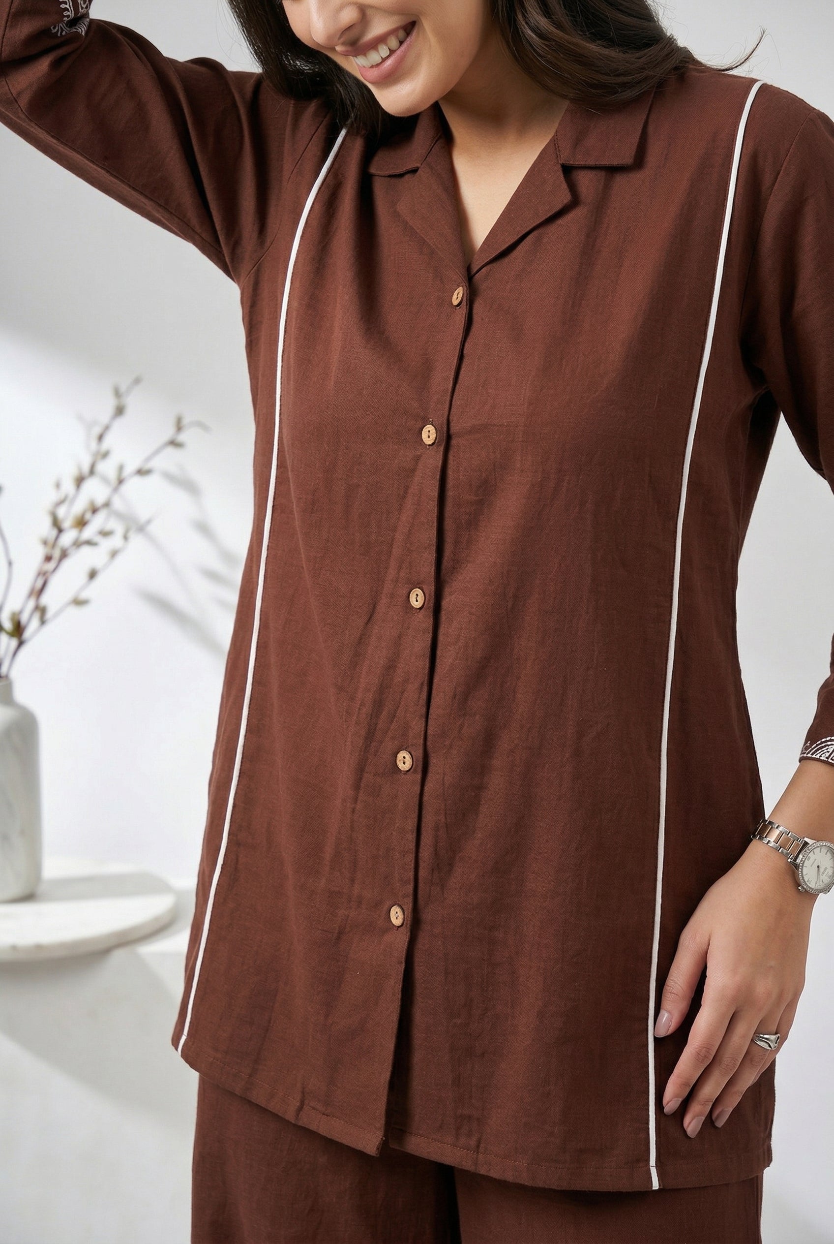 Brown Shirt Collar Dyed Pure Cotton Co-Ord Set For Women