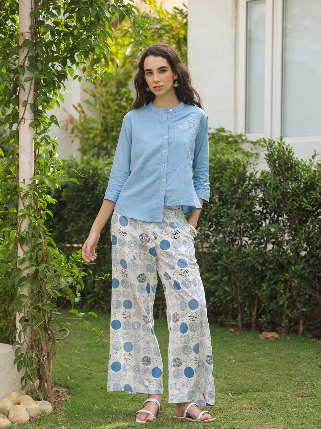 Blue Mandarin Collar Pure Cotton Shirt Dyed Co-ords Set for Women
