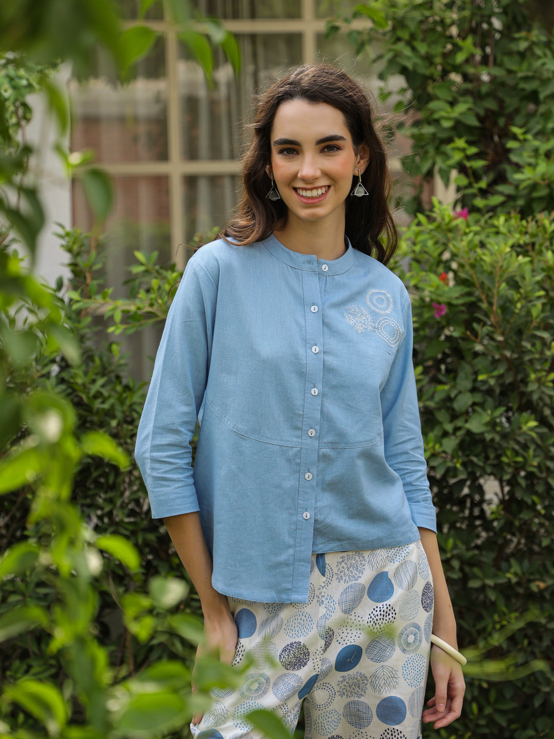 Blue Mandarin Collar Pure Cotton Shirt Dyed Co-ords Set for Women