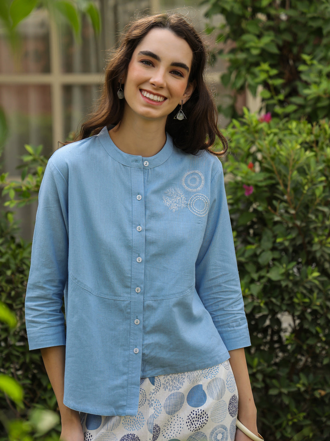 Blue Mandarin Collar Pure Cotton Shirt Dyed Co-ords Set for Women