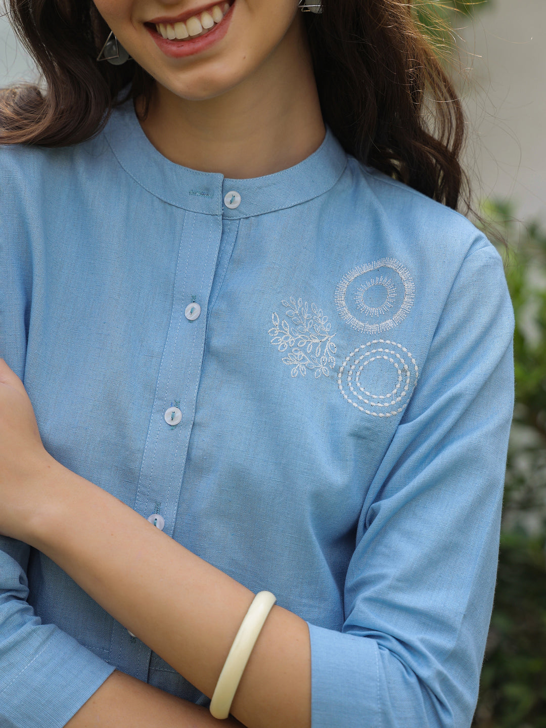 Blue Mandarin Collar Pure Cotton Shirt Dyed Co-ords Set for Women