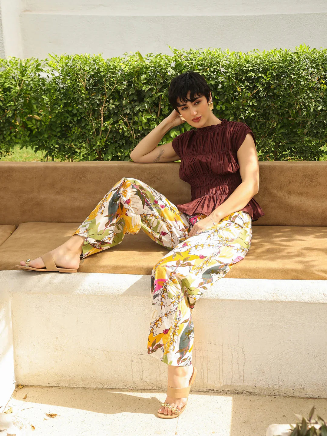 Brown Round Neck Pure Cotton Top Solid Co-ords Set for Women - SanskrutiHomes