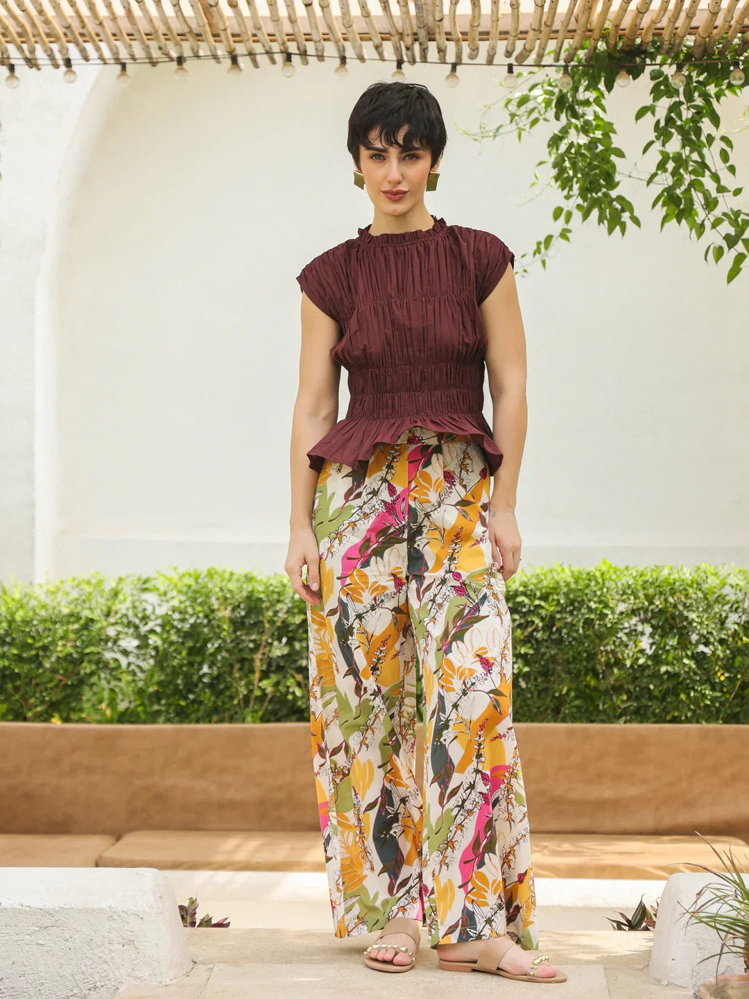 Brown Round Neck Pure Cotton Top Solid Co-ords Set for Women - SanskrutiHomes