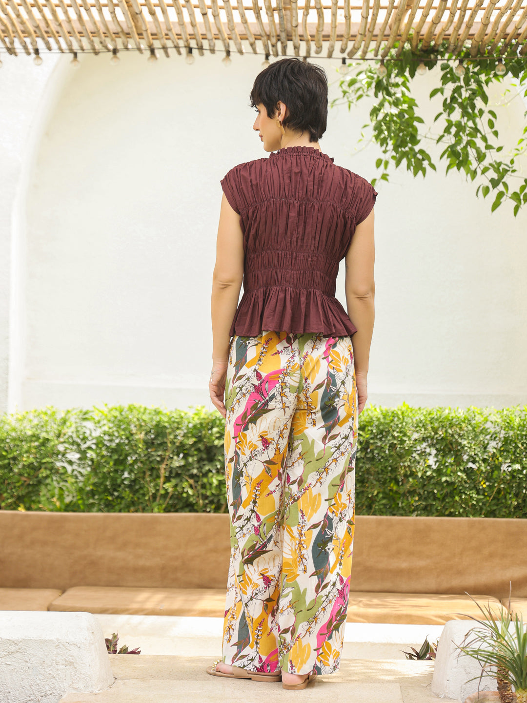 Brown Round Neck Pure Cotton Top Solid Co-ords Set for Women