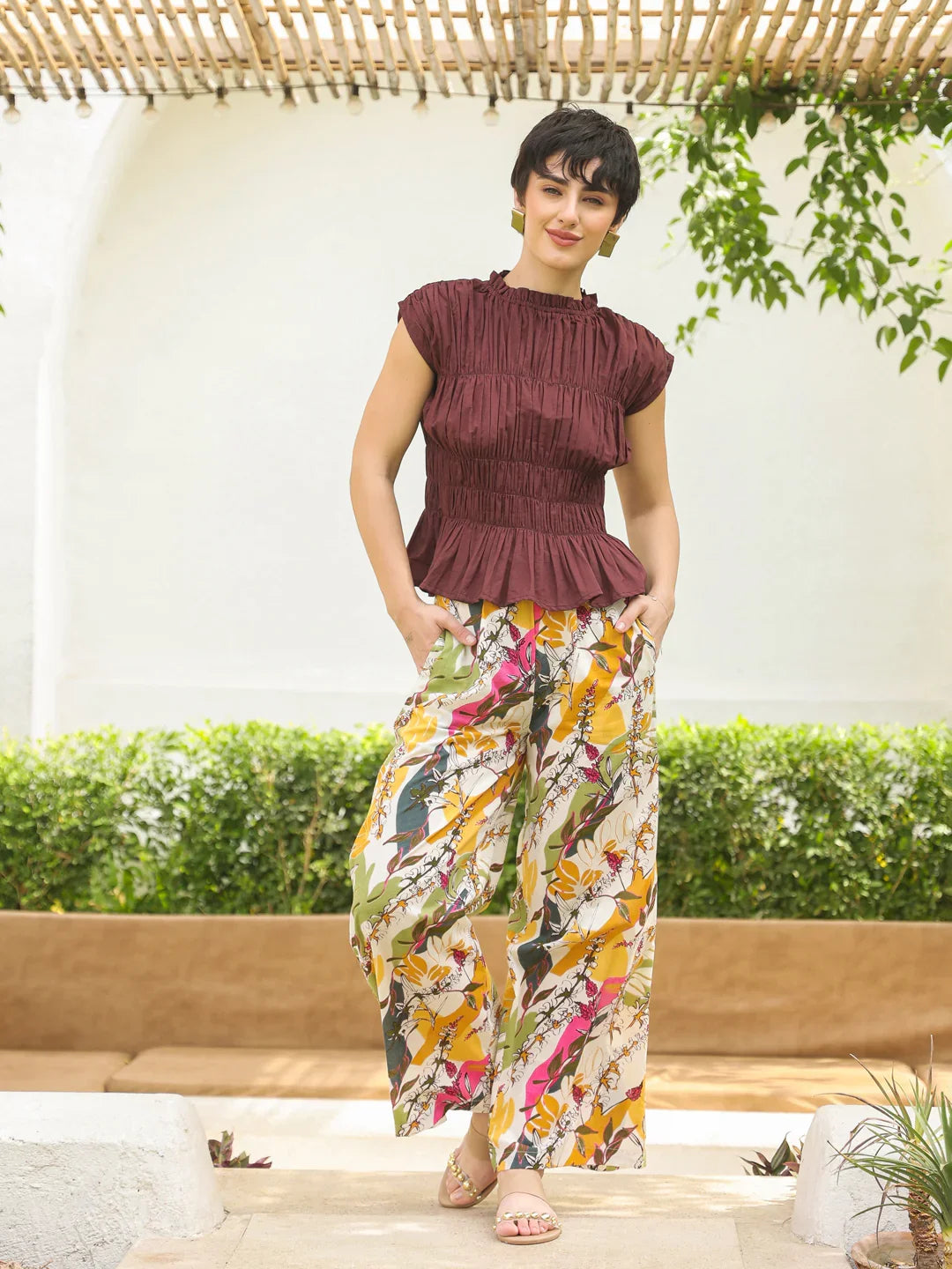 Brown Round Neck Pure Cotton Top Solid Co-ords Set for Women - SanskrutiHomes