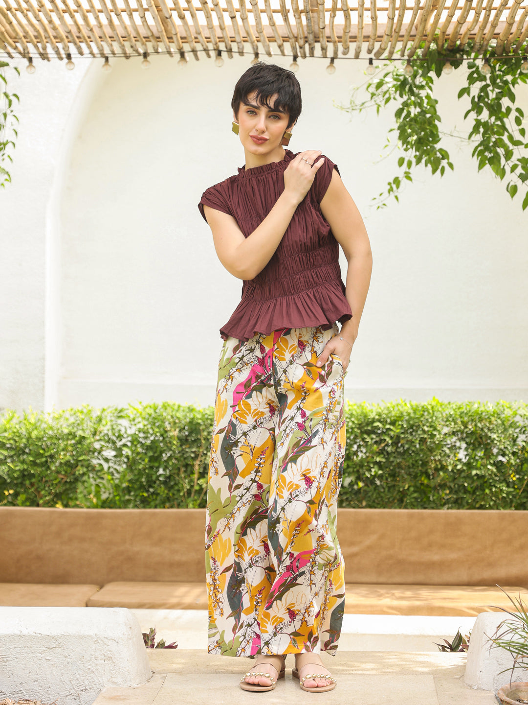 Brown Round Neck Pure Cotton Top Solid Co-ords Set for Women