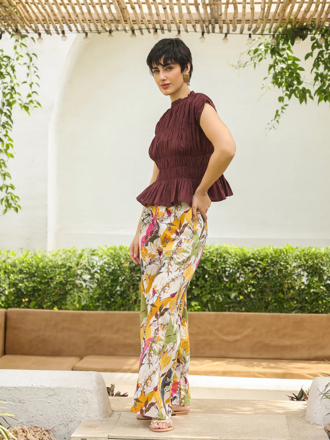 Brown Round Neck Pure Cotton Top Solid Co-ords Set for Women - SanskrutiHomes