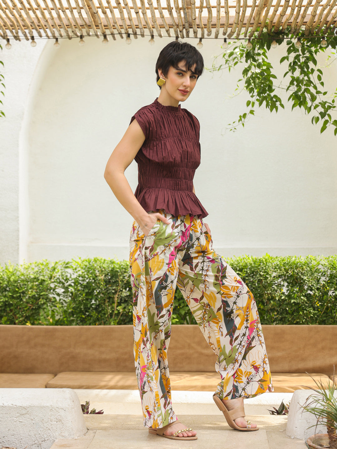 Brown Round Neck Pure Cotton Top Solid Co-ords Set for Women