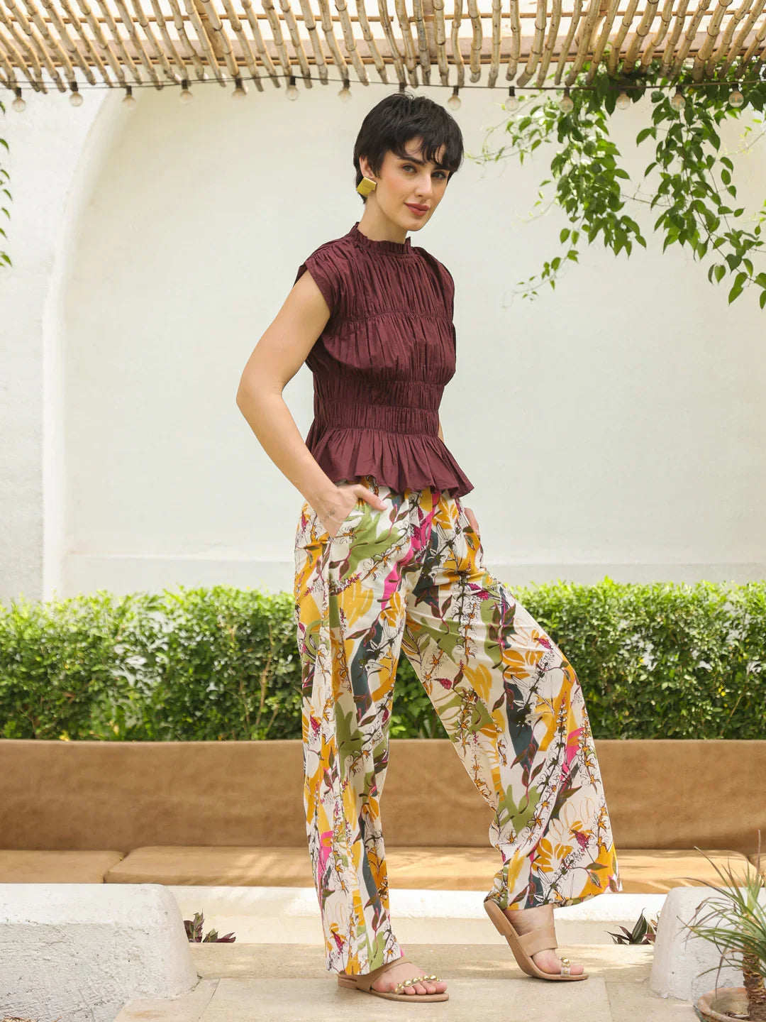 Brown Round Neck Pure Cotton Top Solid Co-ords Set for Women - SanskrutiHomes