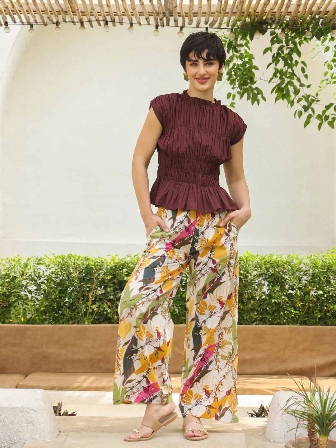 Brown Round Neck Pure Cotton Top Solid Co-ords Set for Women - SanskrutiHomes