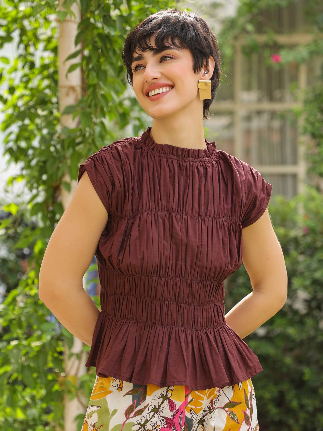 Brown Round Neck Pure Cotton Top Solid Co-ords Set for Women