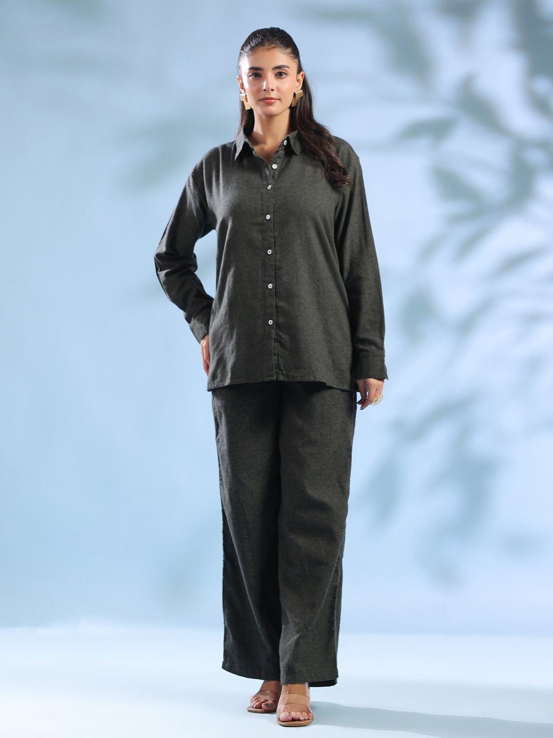 Olive Pure Cotton Shirt and Trousers Winter Night Suit Set