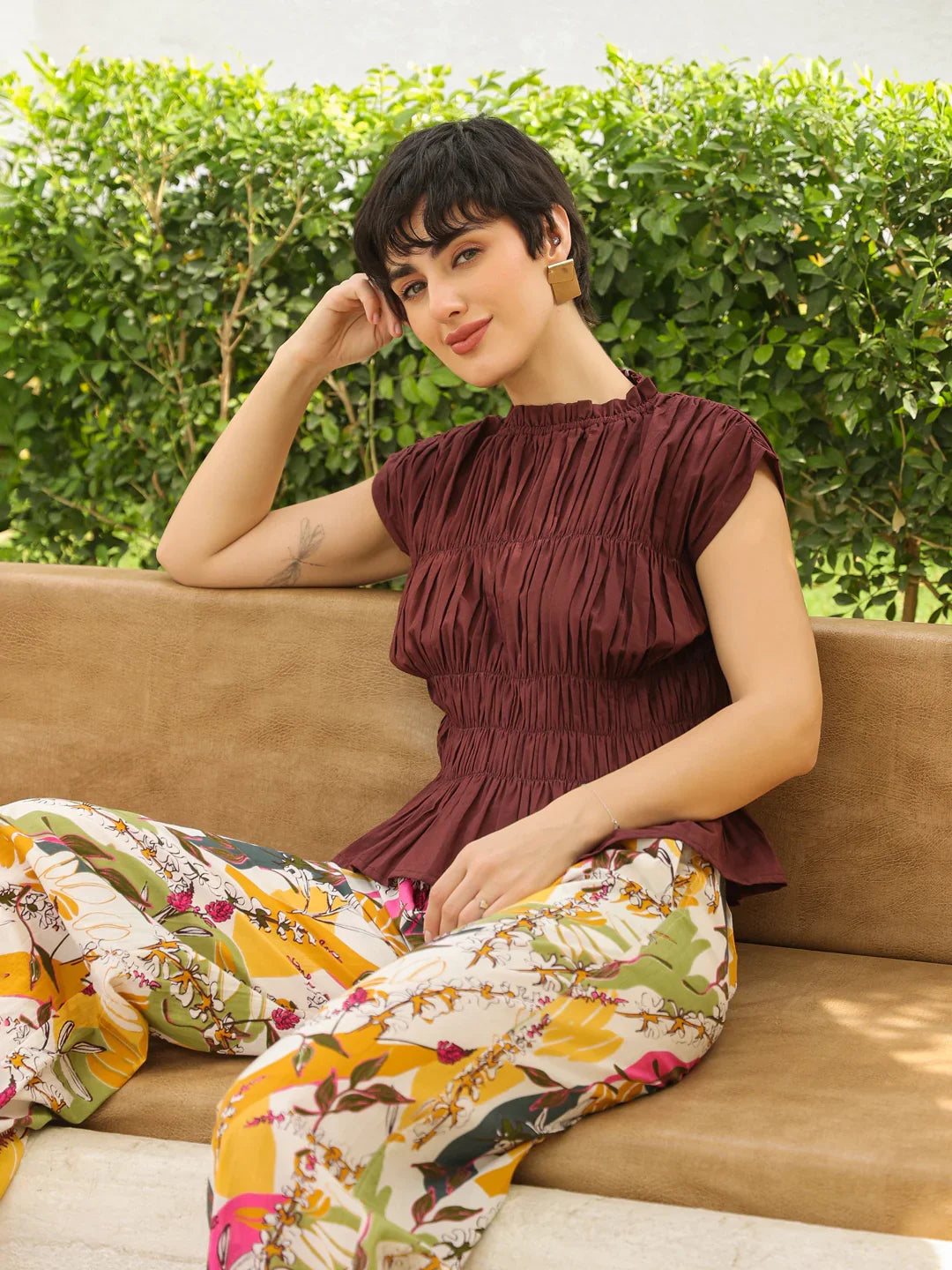 Brown Round Neck Pure Cotton Top Solid Co-ords Set for Women - SanskrutiHomes