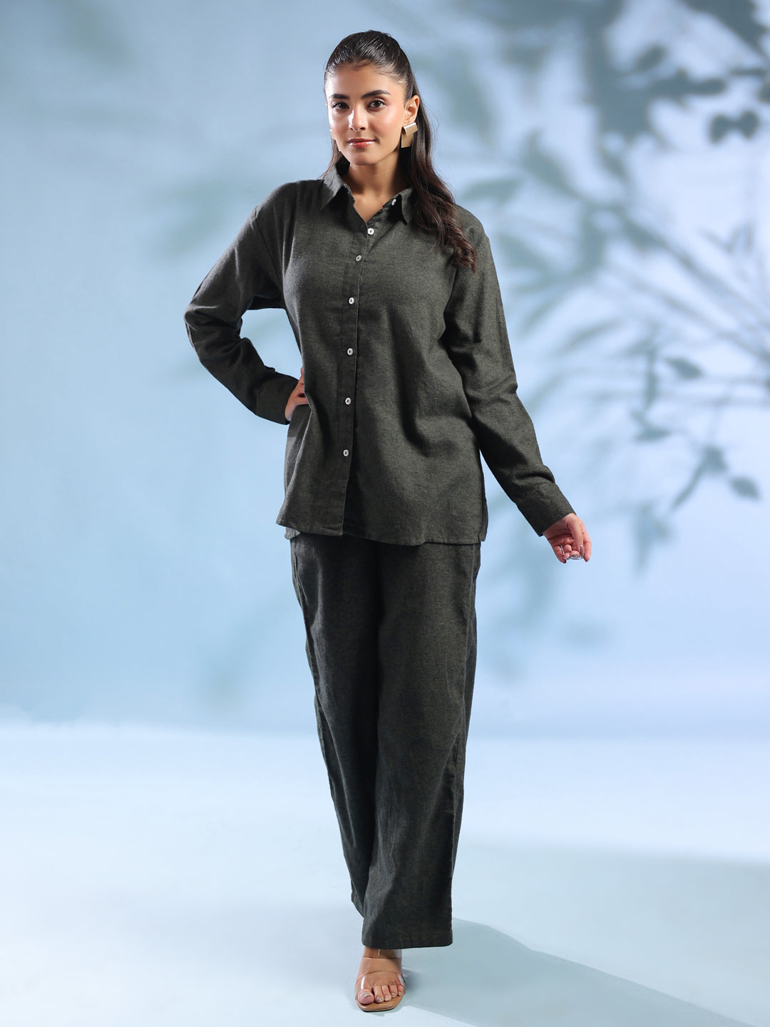 Olive Pure Cotton Shirt and Trousers Winter Night Suit Set