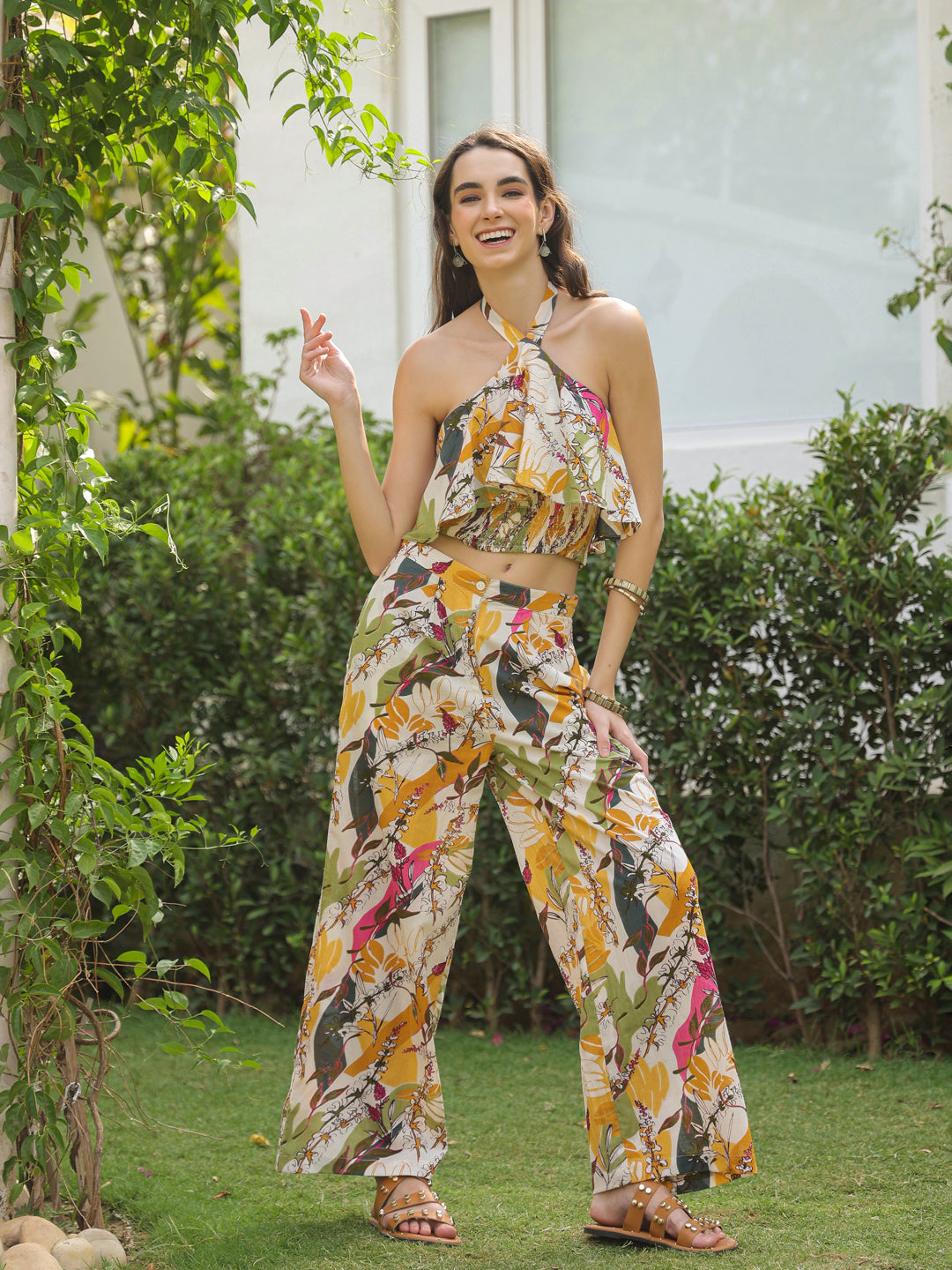 White Printed Cotton V-Neck Co-Ord Set for Women