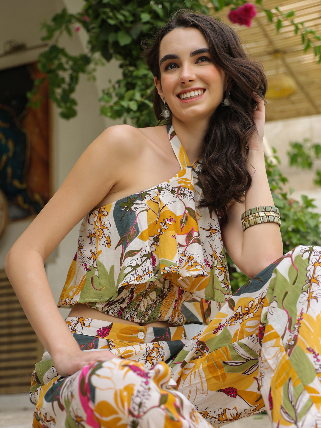 White Printed Cotton V-Neck Co-Ord Set for Women