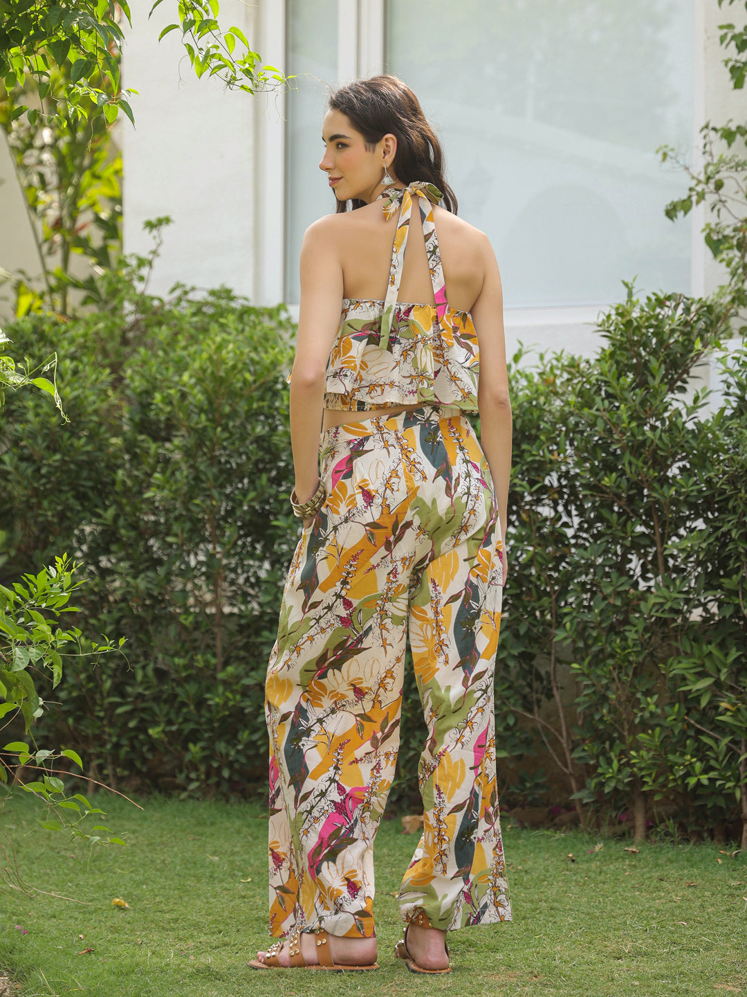 White Printed Cotton V-Neck Co-Ord Set for Women