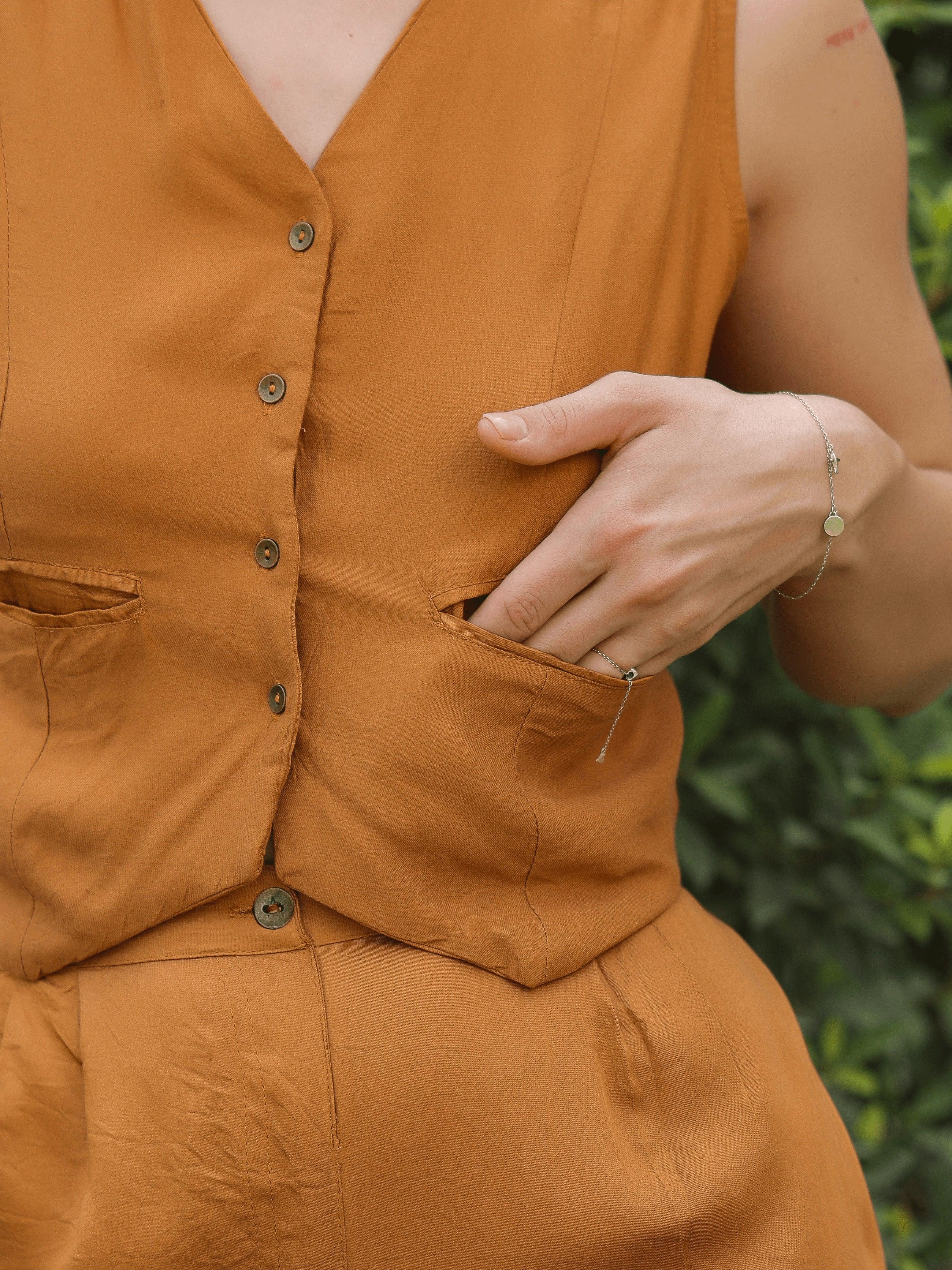 Rust V-Neck Viscose Rayon Solid Coat Co-Ords Set For Women