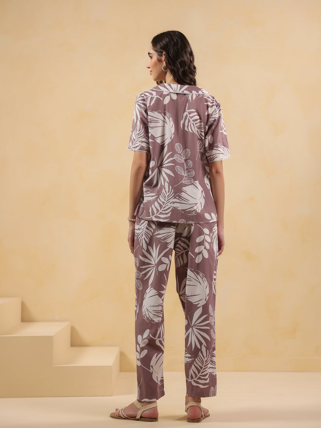 lilac Shirt Collar Pure Cotton Printed Night Suit for Women