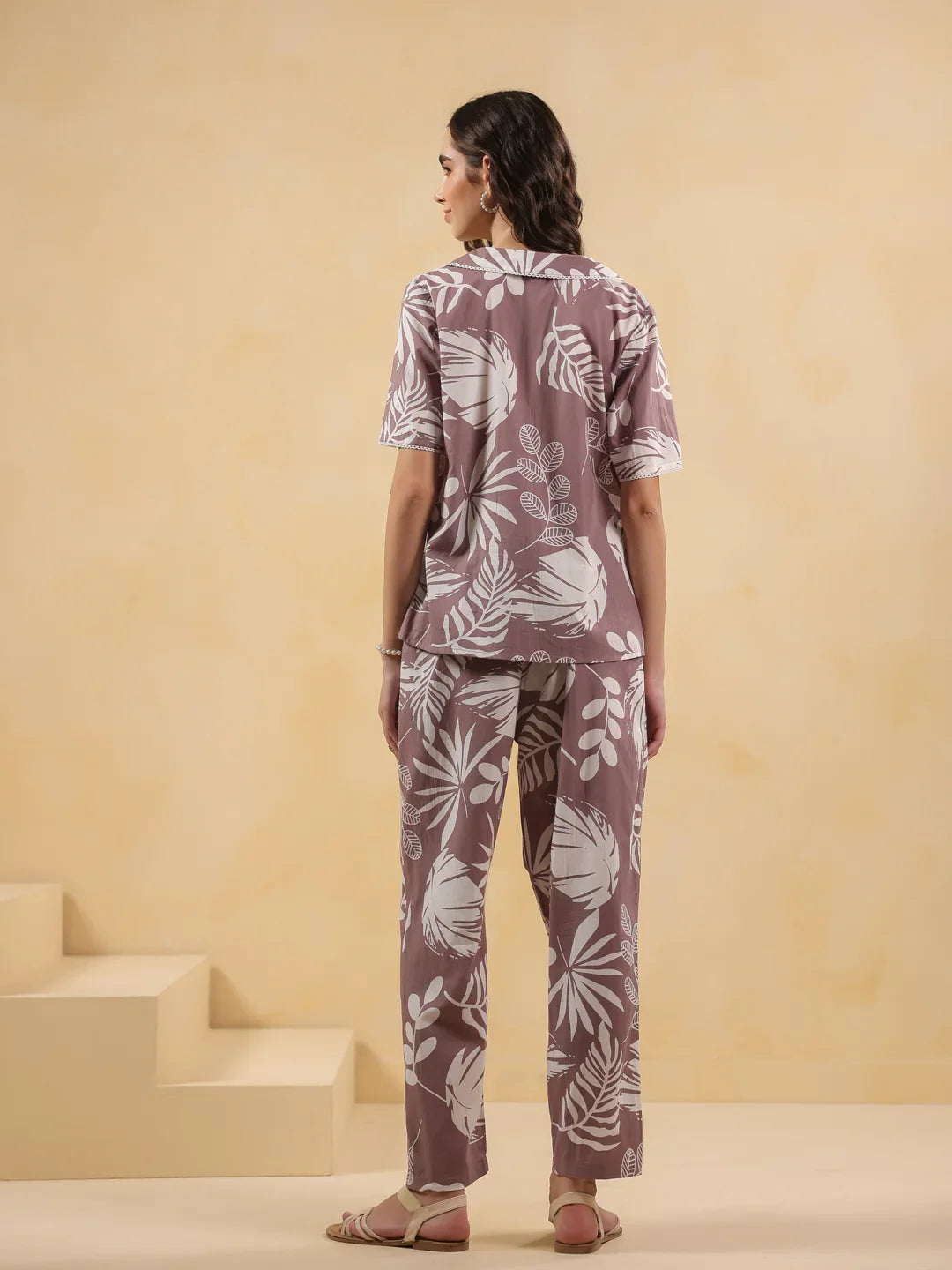 Lavender Shirt Collar Pure Cotton Printed Night Suit for Women - SanskrutiHomes