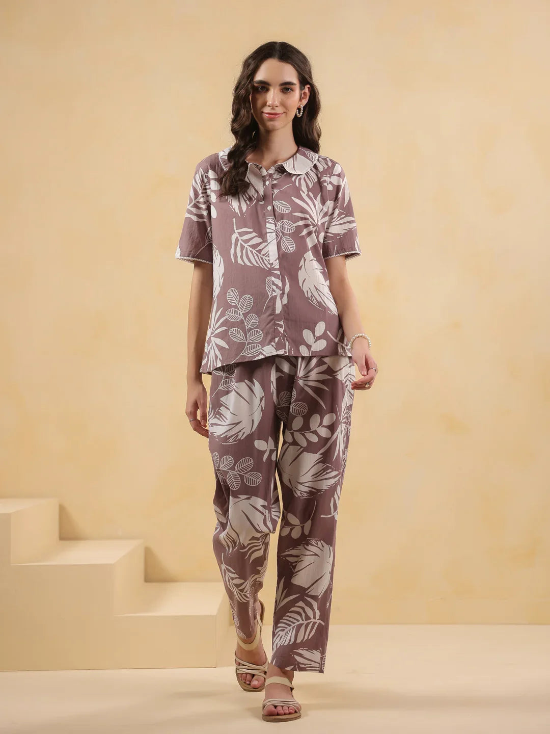 Lavender Shirt Collar Pure Cotton Printed Night Suit for Women - SanskrutiHomes