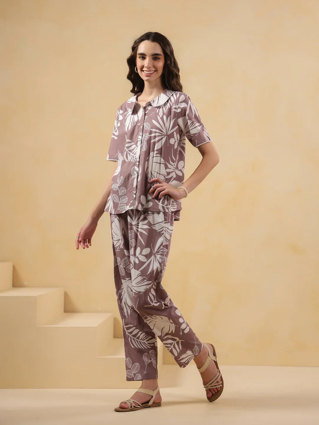 Lavender Shirt Collar Pure Cotton Printed Night Suit for Women - SanskrutiHomes