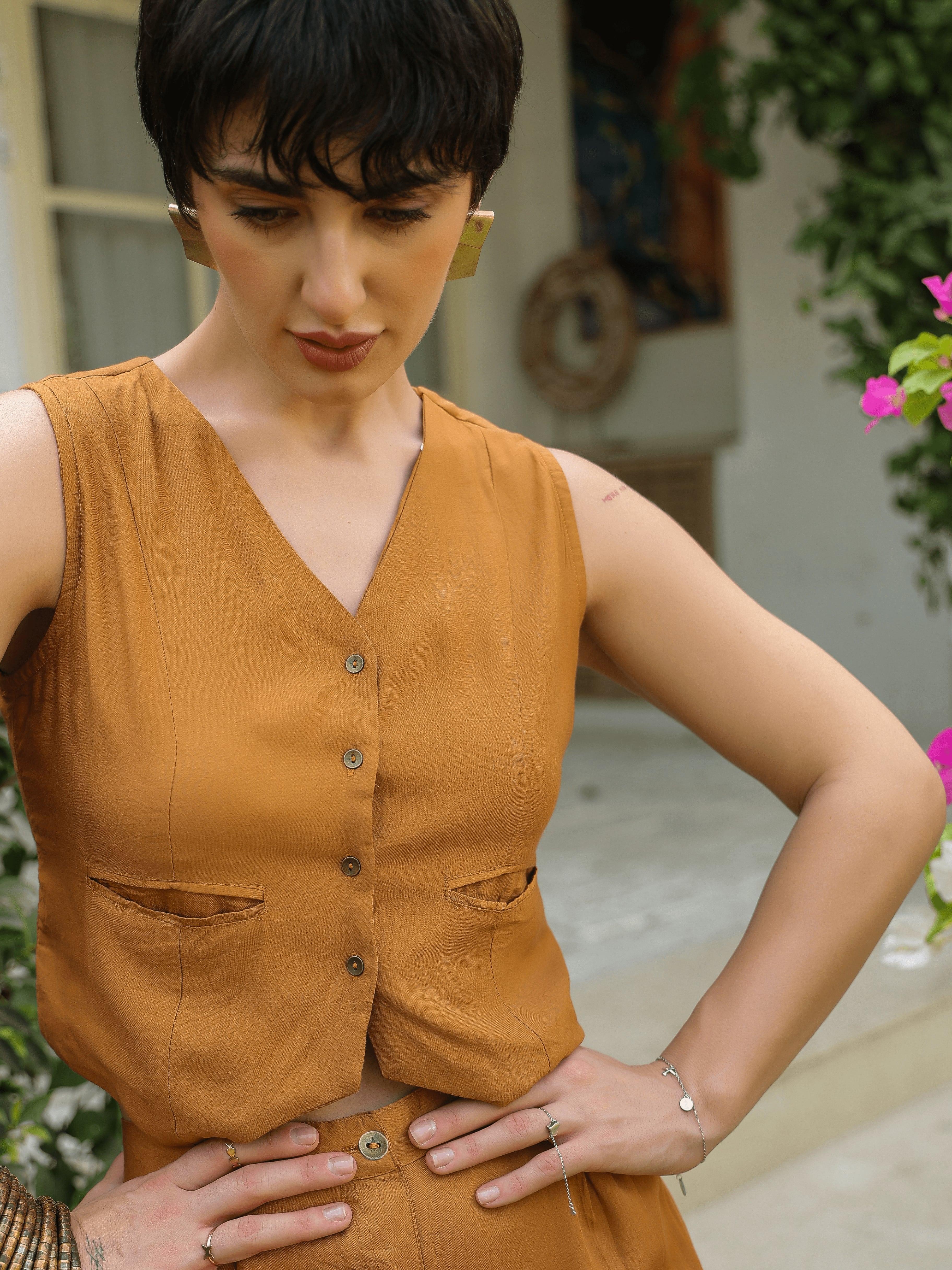 Rust V-Neck Viscose Rayon Solid Coat Co-Ords Set For Women