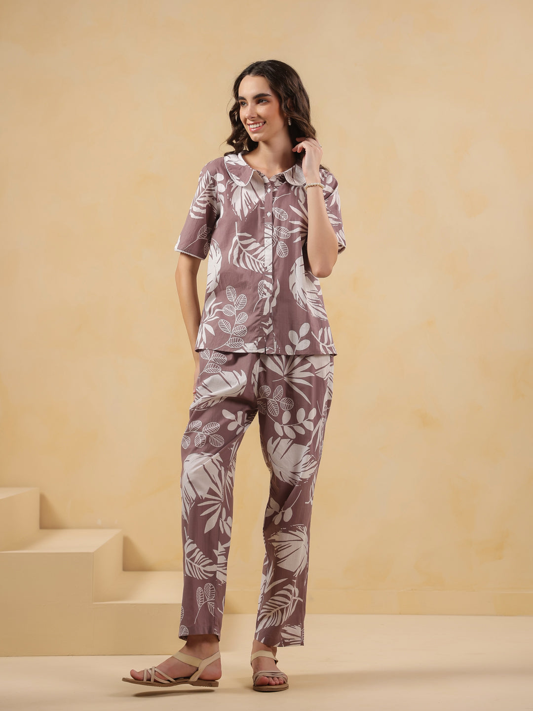 lilac Shirt Collar Pure Cotton Printed Night Suit for Women