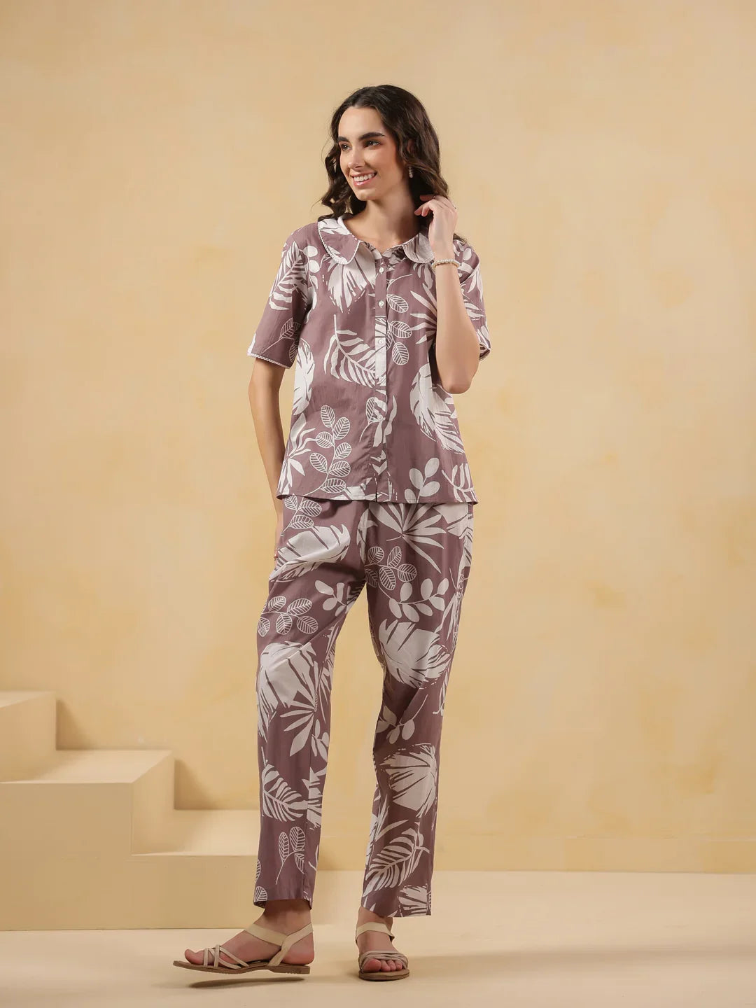 Lavender Shirt Collar Pure Cotton Printed Night Suit for Women - SanskrutiHomes