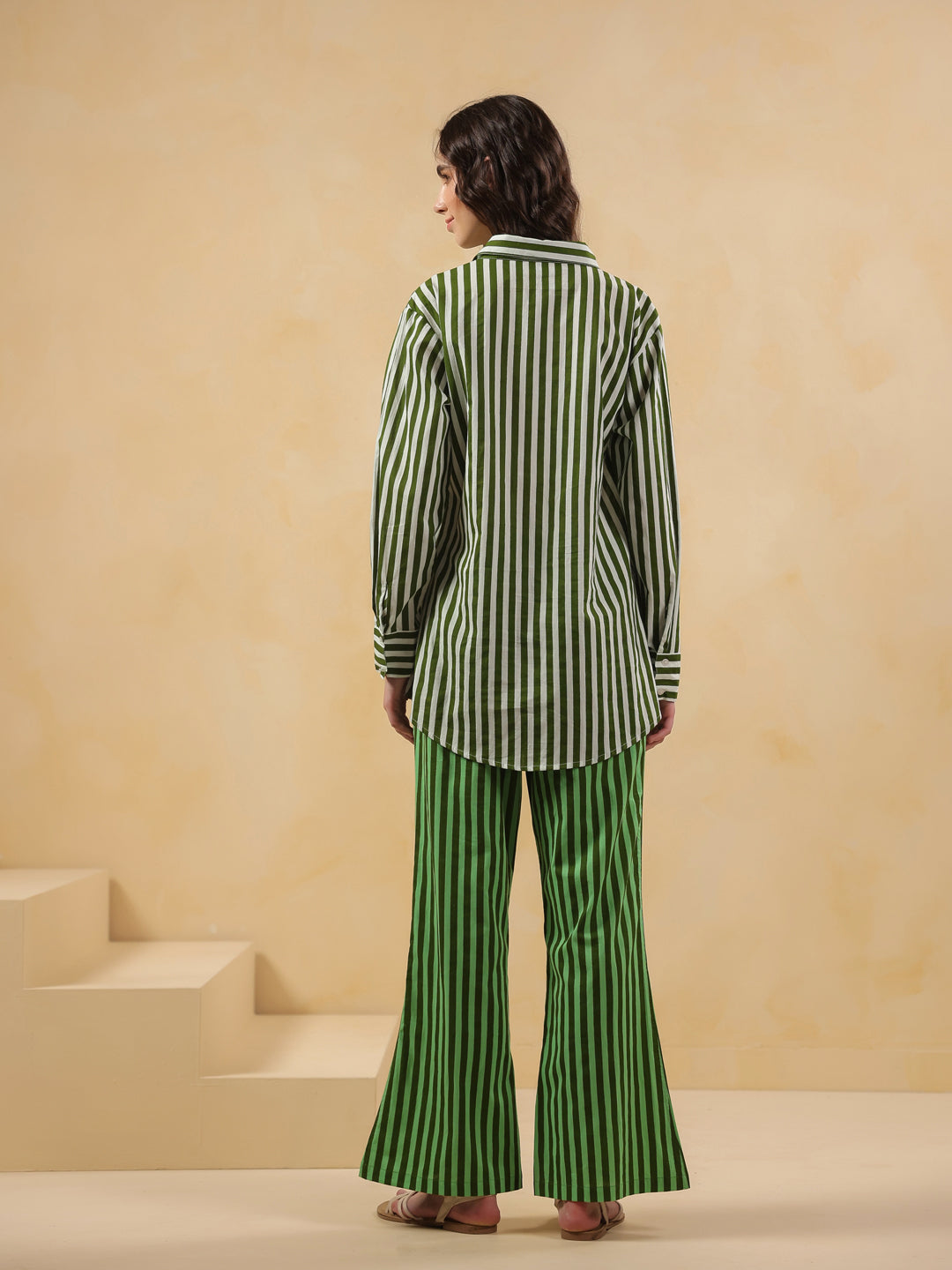 Green Striped Printed Co-Ord Set For Women