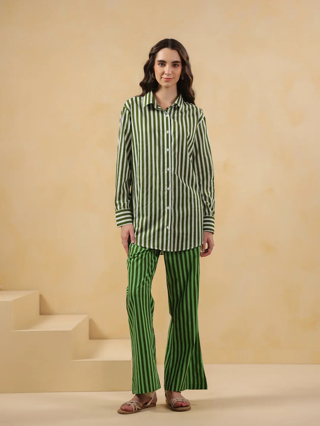 Green Striped Printed Co-ord Set for Women - SanskrutiHomes