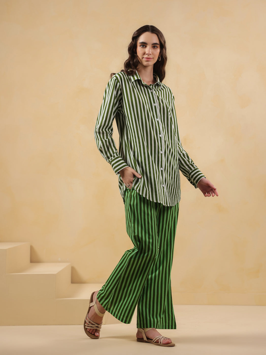 Green Striped Printed Co-ord Set for Women