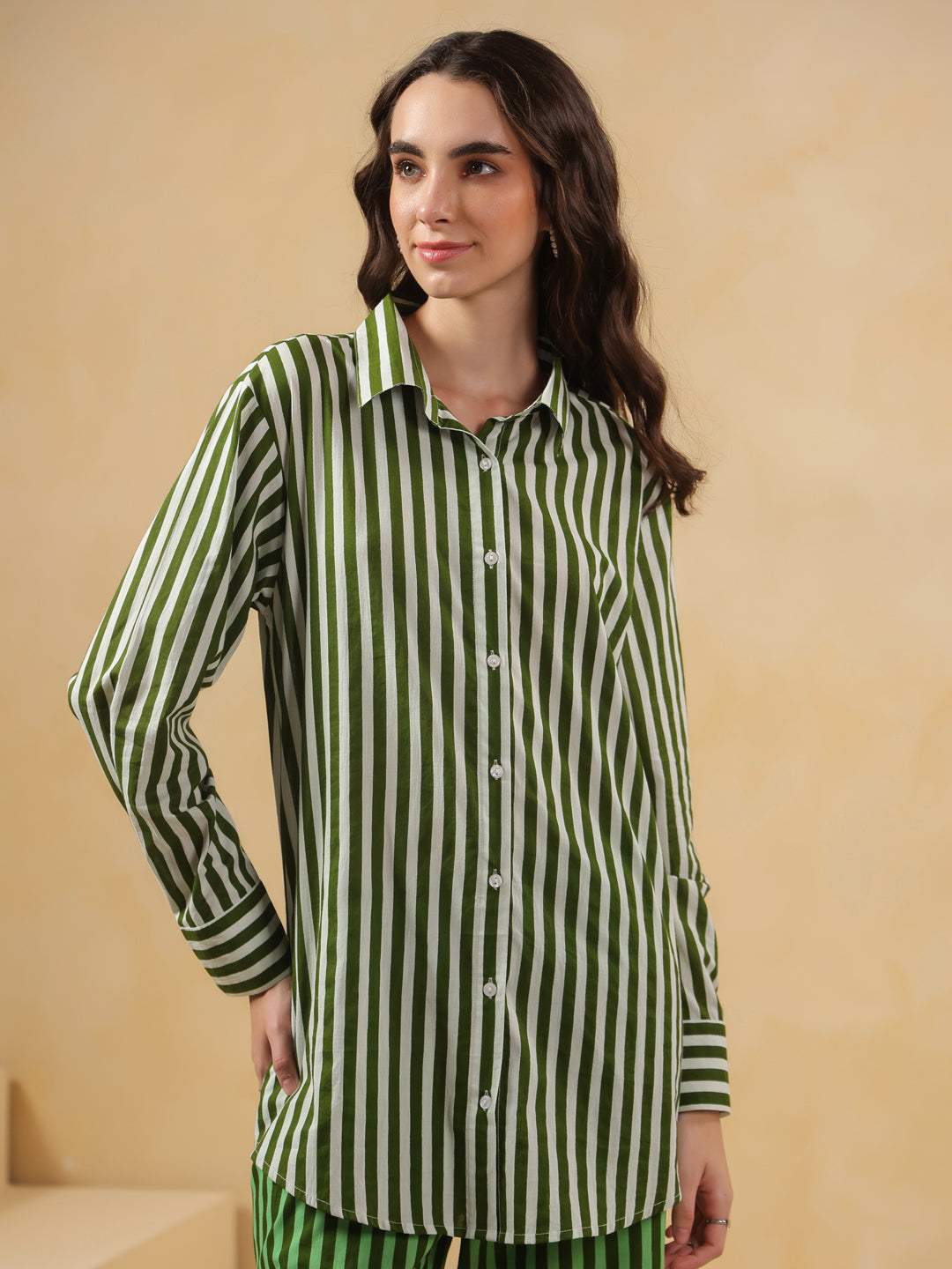 Green Striped Printed Co-ord Set for Women