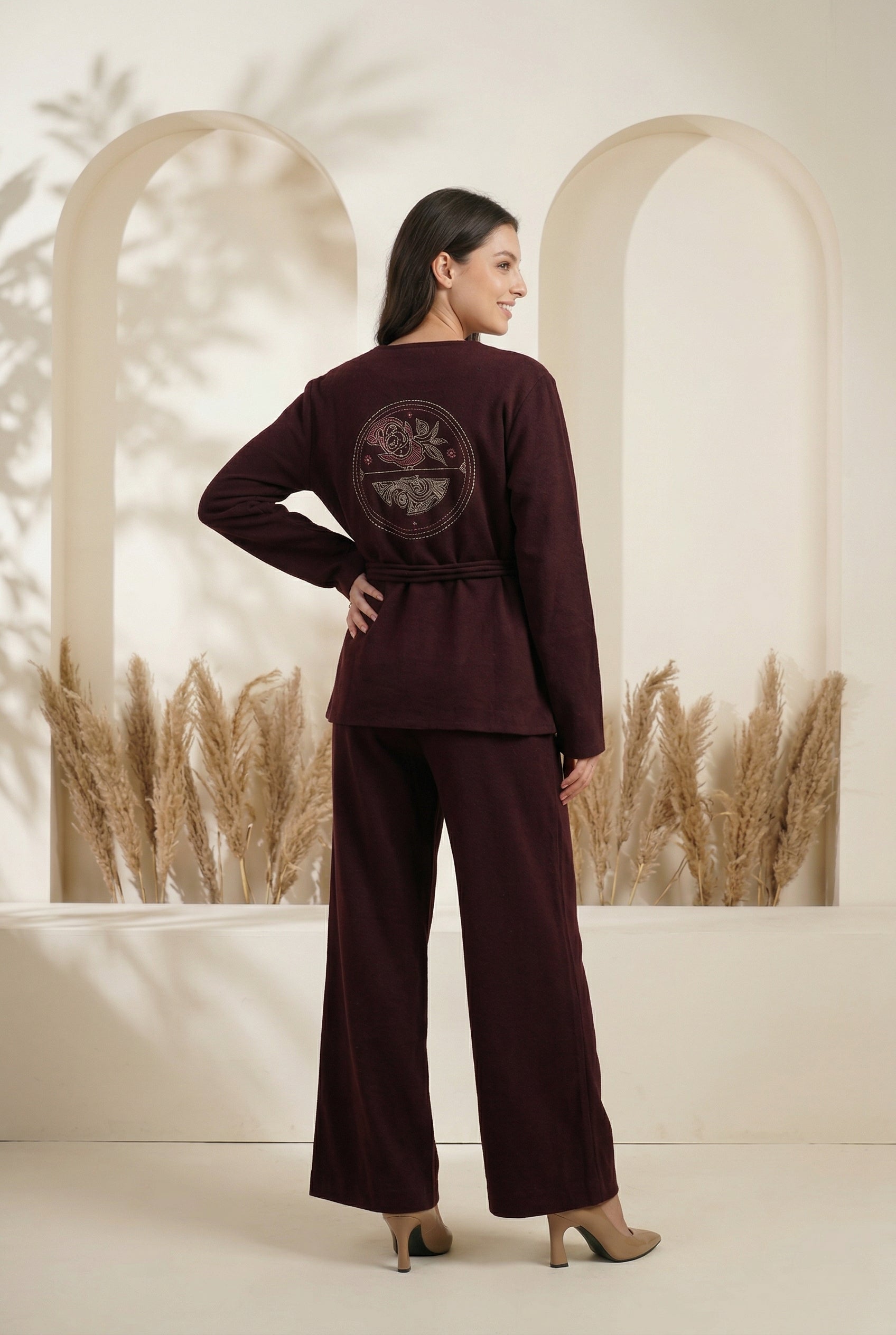 Purple Round Neck Shirt Collar Solid Pure Cotton Co-ord Set for Women