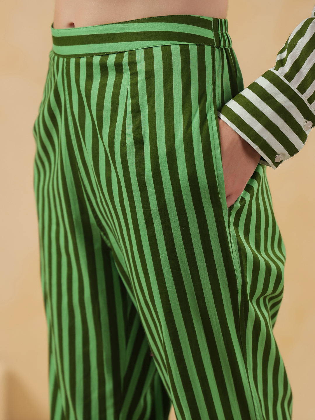Green Striped Printed Co-Ord Set For Women
