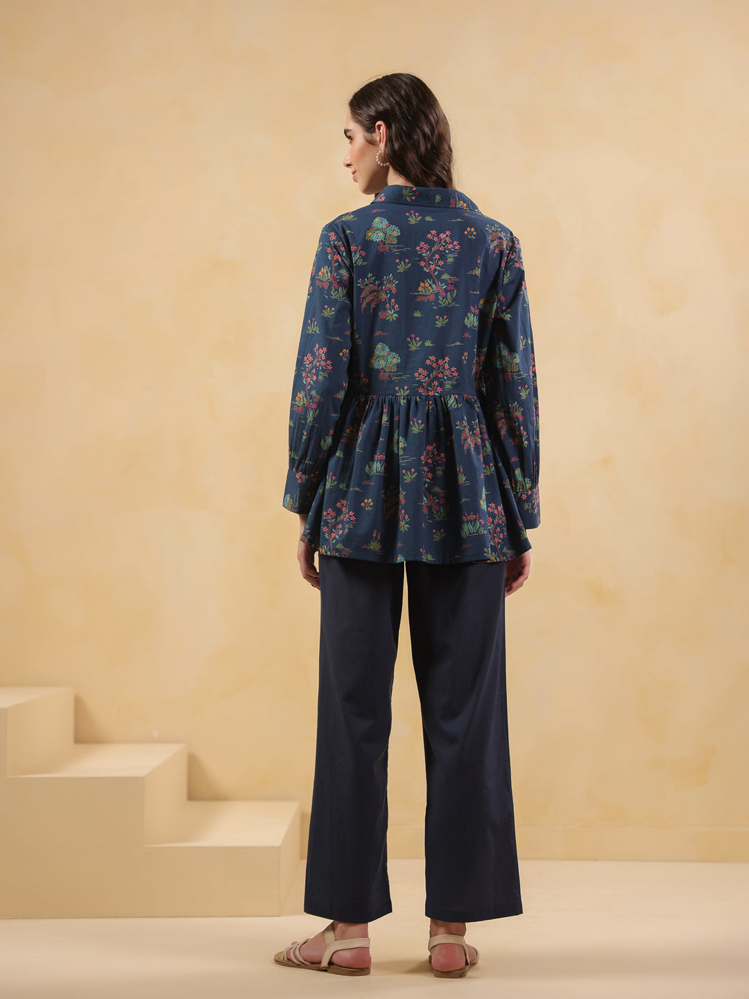 Navy Blue Shirt Collar Pure Cotton Printed Co-Ords Set For Women