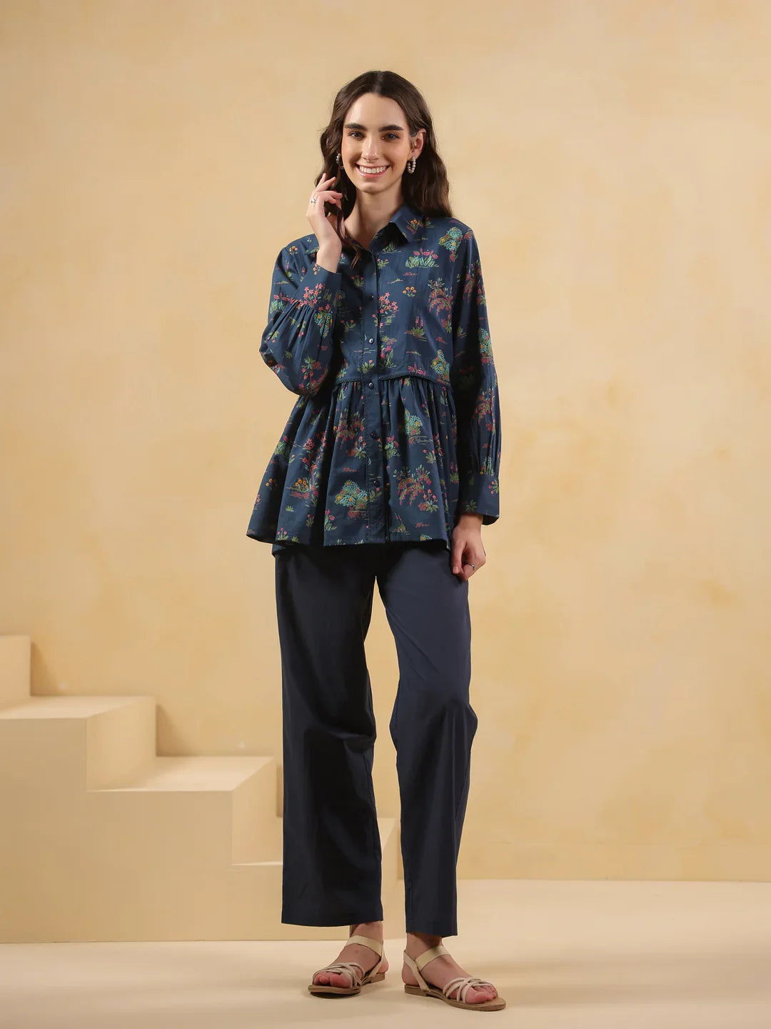 Navy Blue Shirt Collar Pure Cotton Printed Co-Ords Set For Women