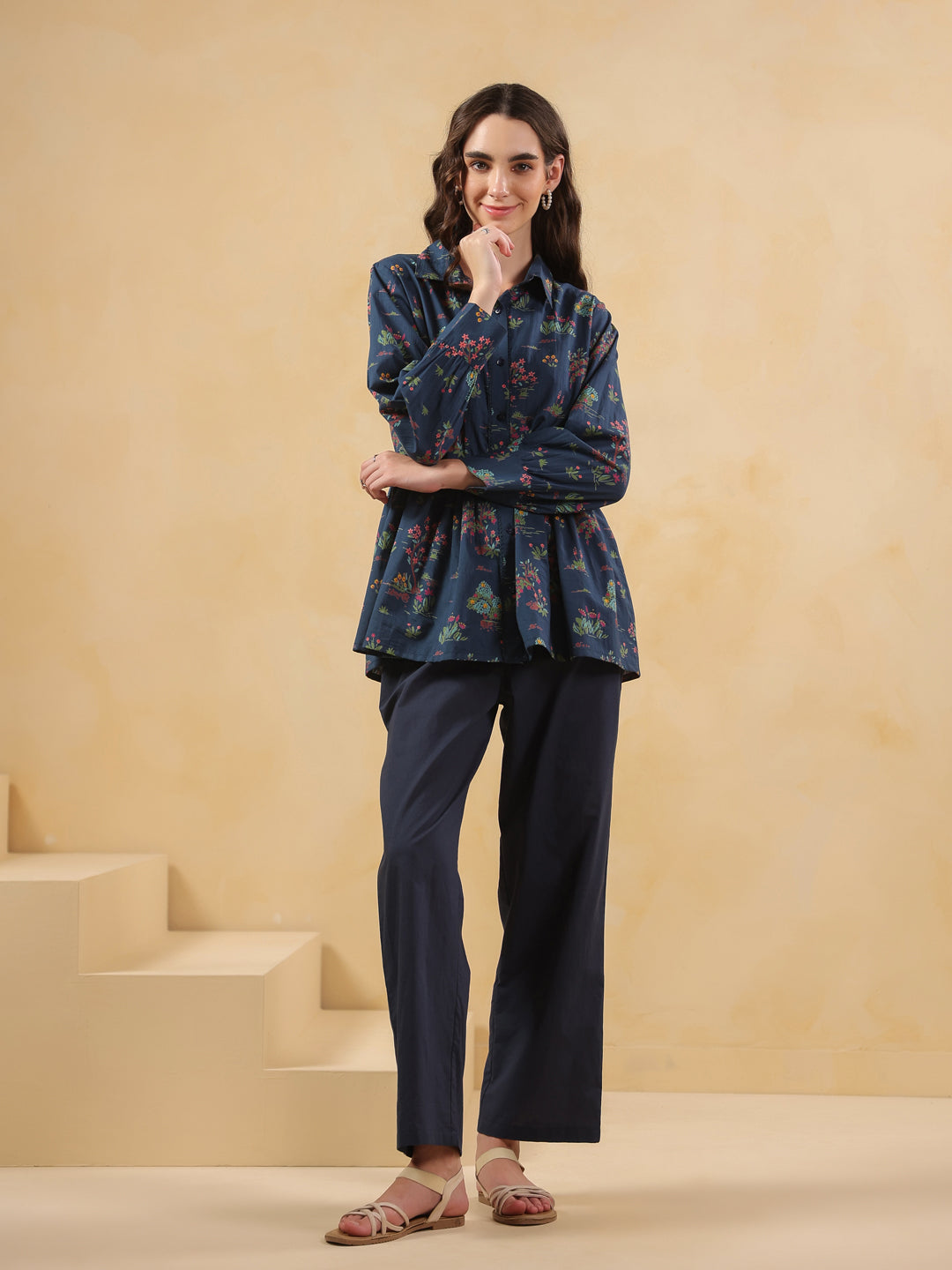 Navy Blue Shirt Collar Pure Cotton Printed Co-Ords Set For Women