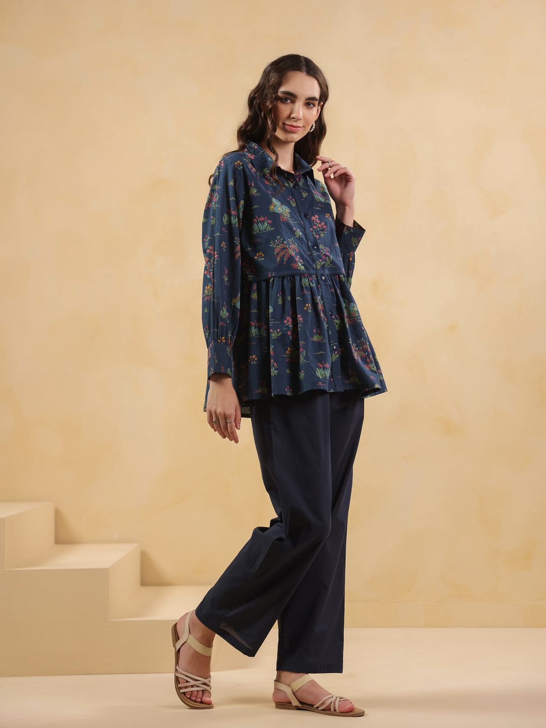 Navy Blue Shirt Collar Pure Cotton Printed Co-Ords Set For Women