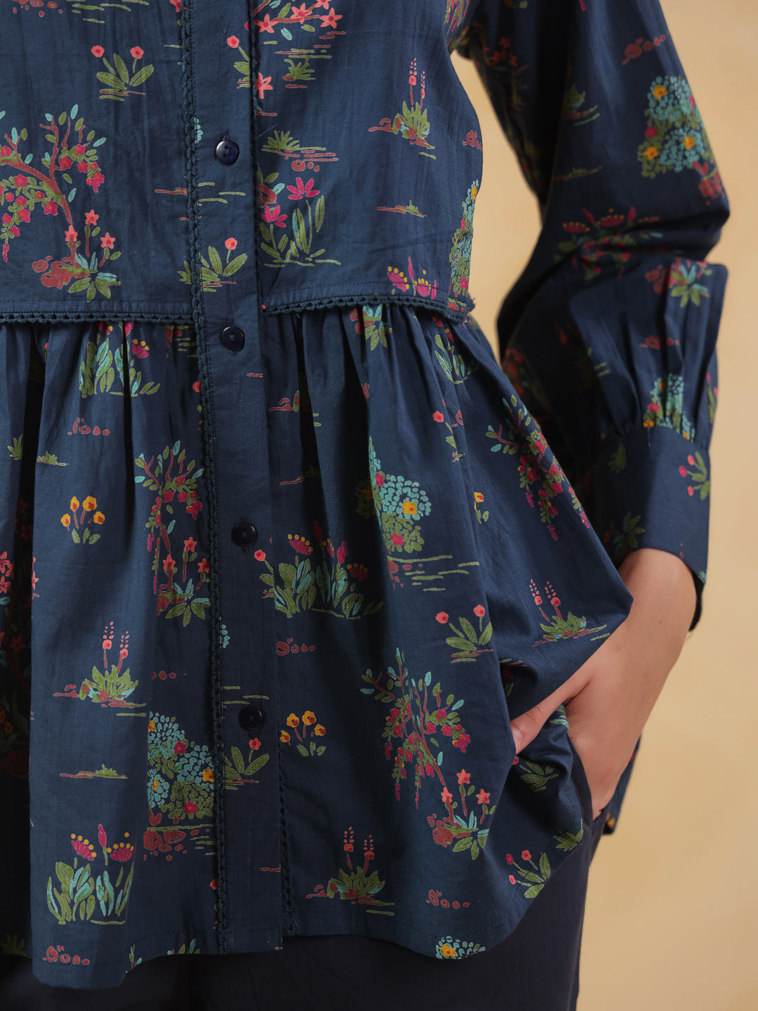 Navy Blue Shirt Collar Pure Cotton Printed Co-Ords Set For Women