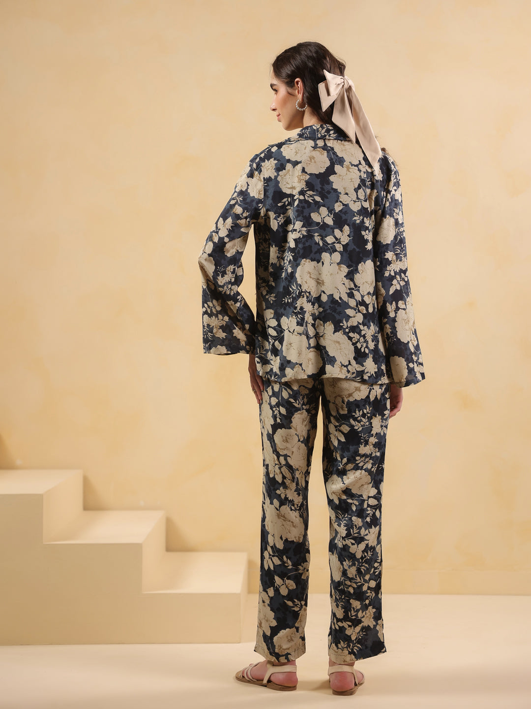 Navy Blue Shirt Collar Silk Blend Printed Co-ords Set for Women - SanskrutiHomes