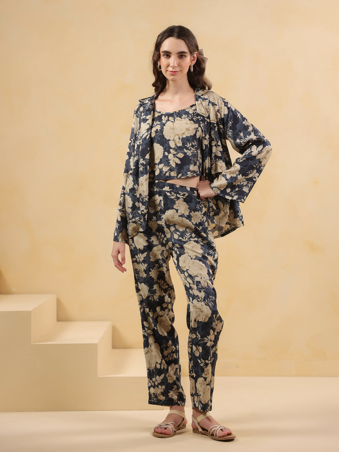 Navy Blue Shirt Collar Silk Blend Printed Co-ords Set for Women