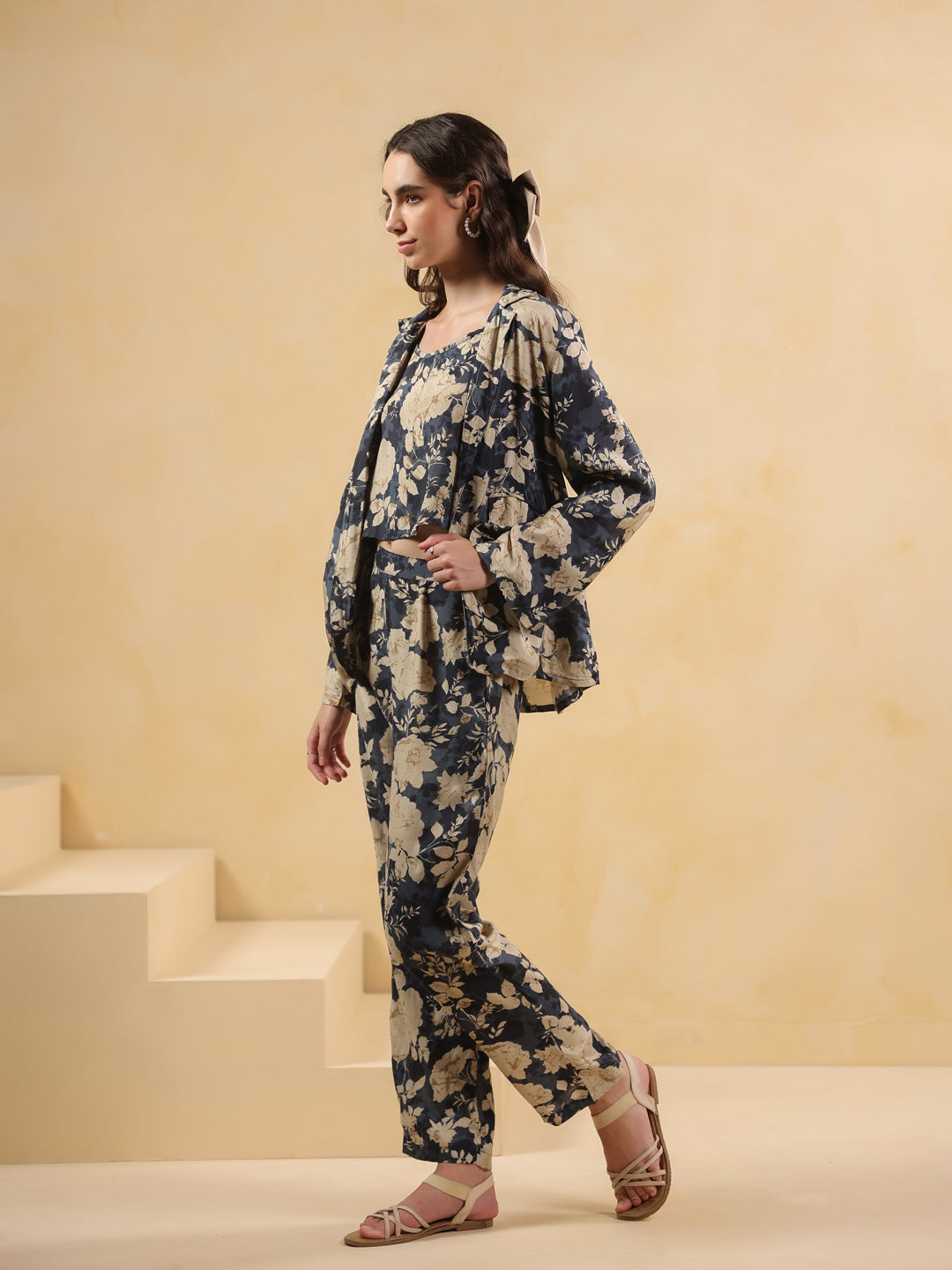 Navy Blue Shirt Collar Silk Blend Printed Co-ords Set for Women