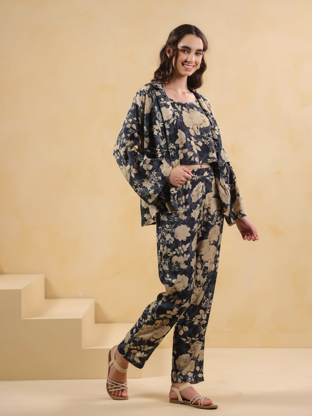 Navy Blue Shirt Collar Silk Blend Printed Co-ords Set for Women