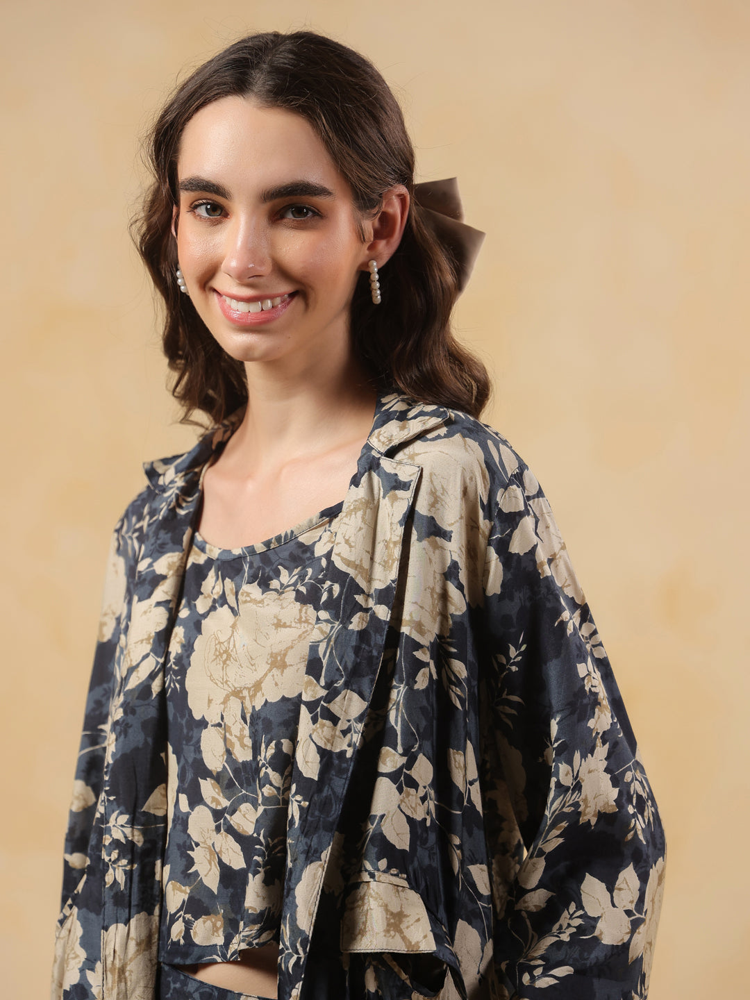 Navy Blue Shirt Collar Silk Blend Printed Co-ords Set for Women - SanskrutiHomes