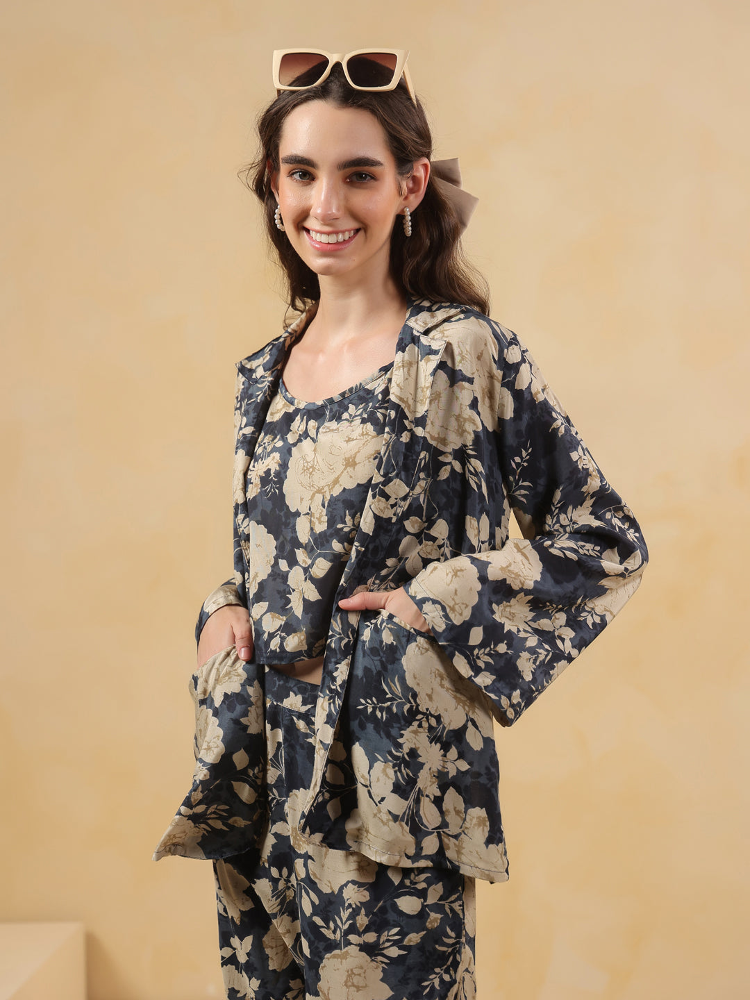 Navy Blue Shirt Collar Silk Blend Printed Co-ords Set for Women