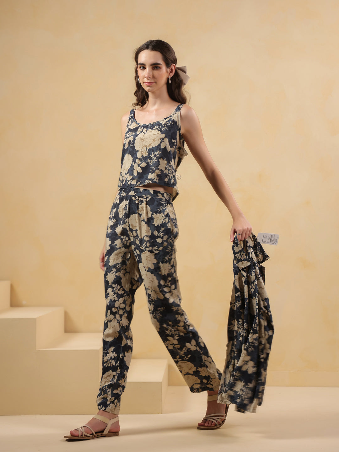 Navy Blue Shirt Collar Silk Blend Printed Co-ords Set for Women - SanskrutiHomes