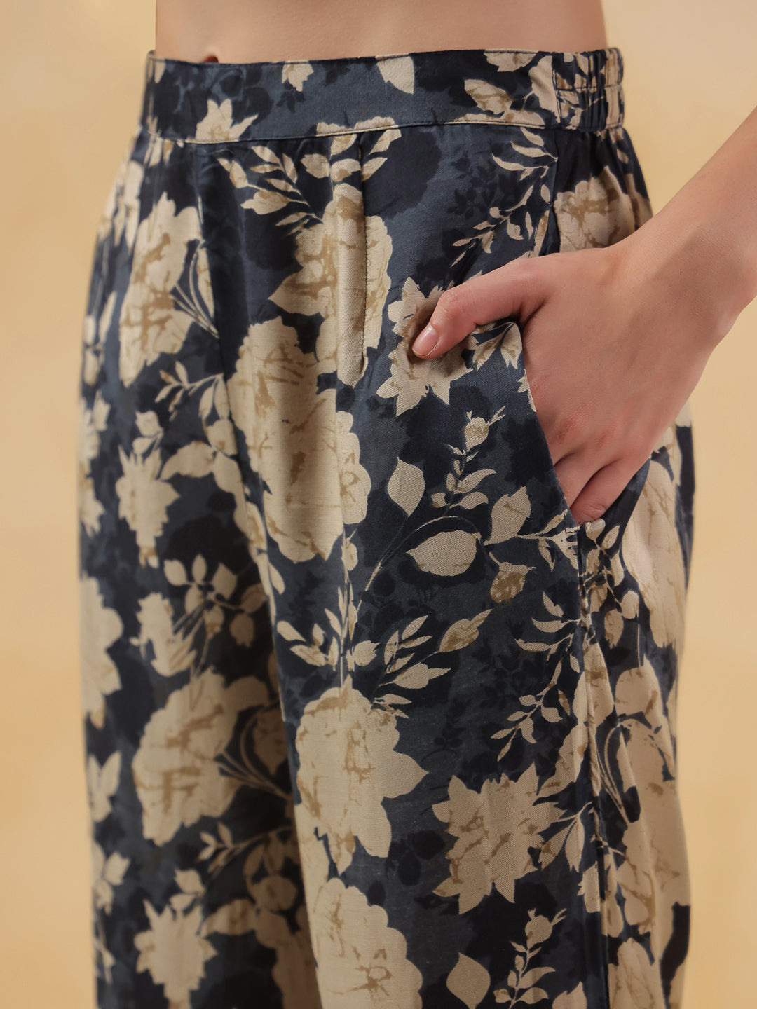 Navy Blue Shirt Collar Silk Blend Printed Co-ords Set for Women